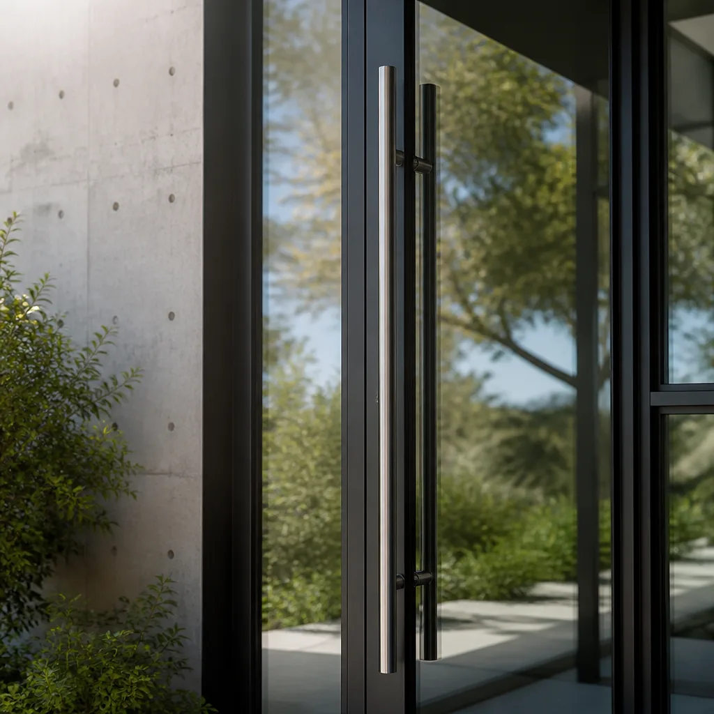 Modern glass door with stainless steel handle on a concrete exterior