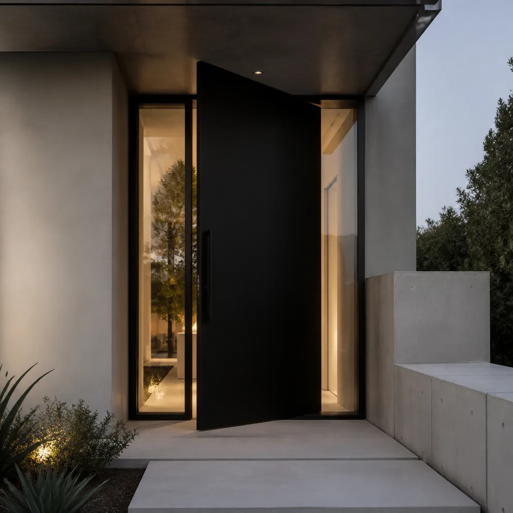 Modern black pivot door installation in a minimalist concrete architectural entryway