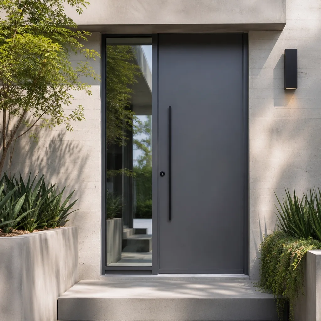 Modern gray front entry door with glass sidelight in a concrete wall