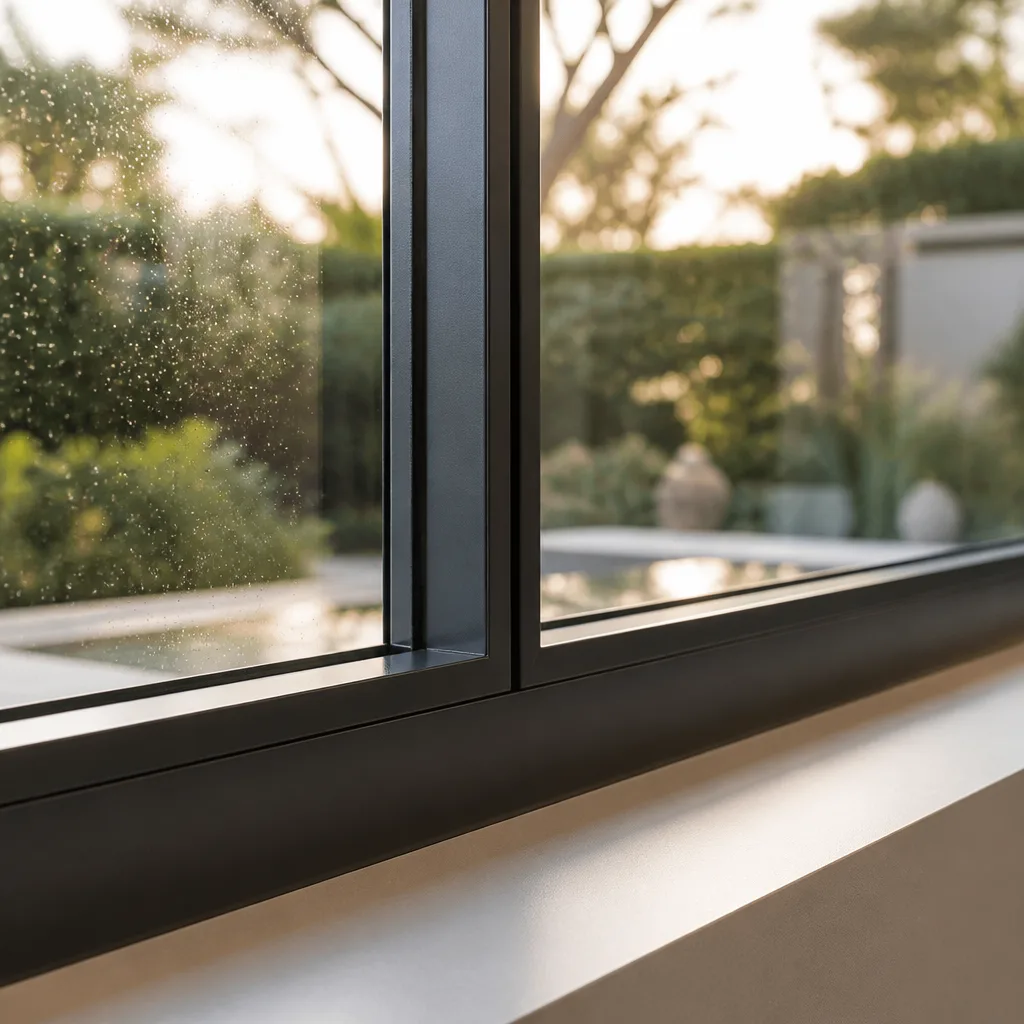Modern black-framed window installation in a residential home