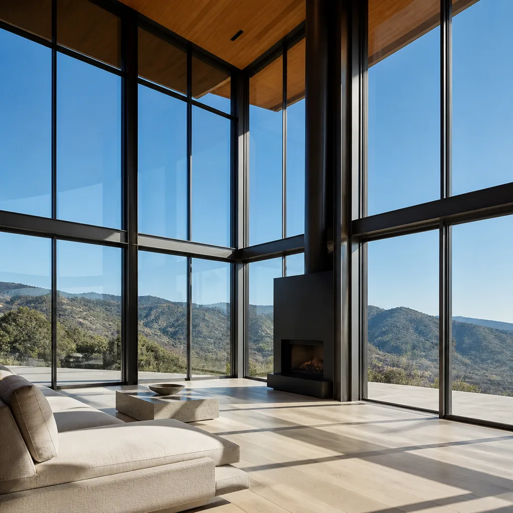 Modern floor-to-ceiling glass window walls with panoramic mountain views