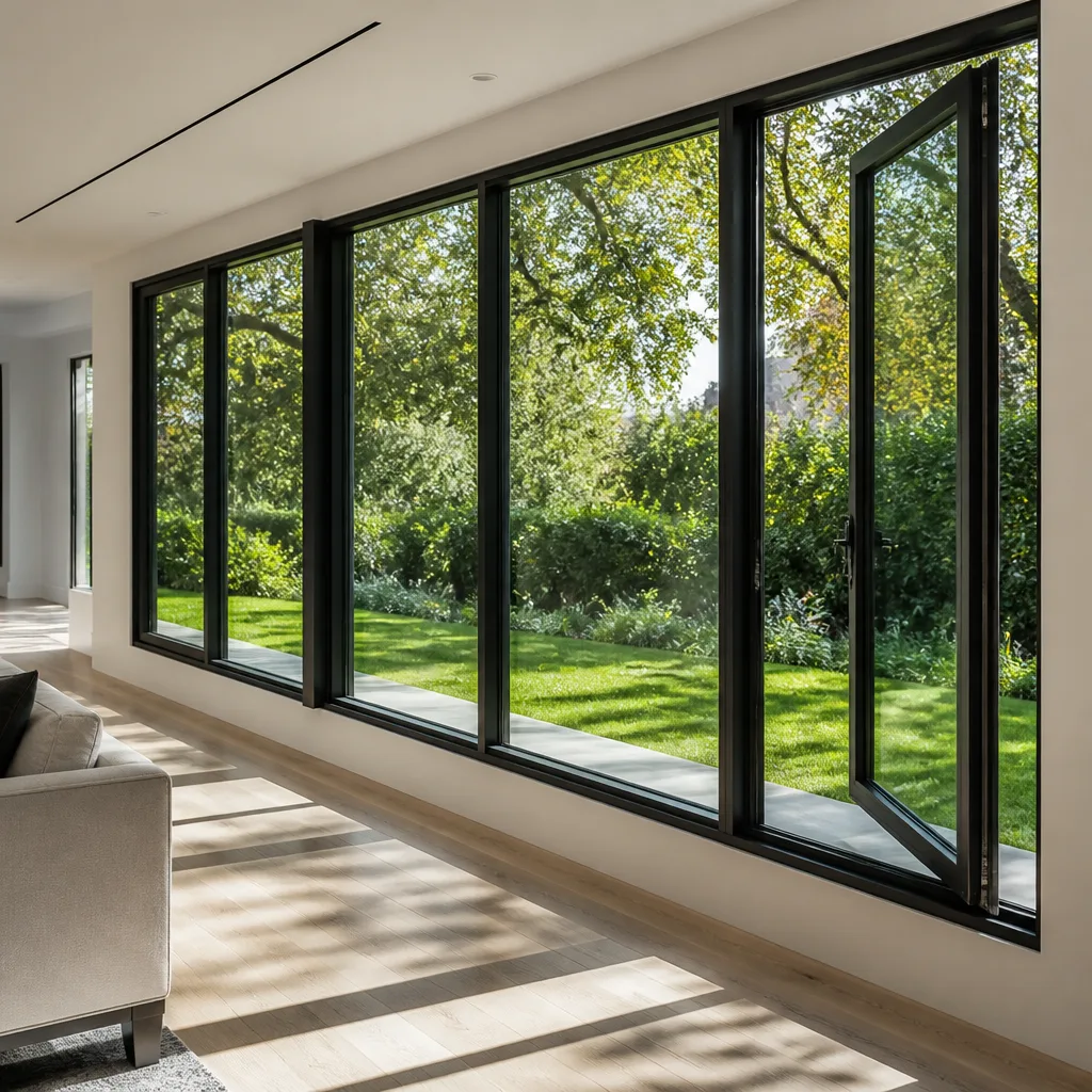 Modern black frame casement windows installed in a contemporary home living room
