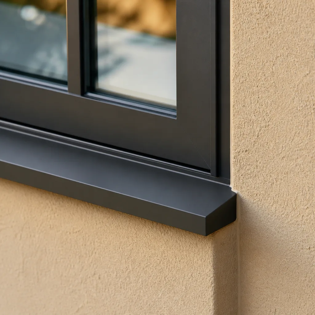 Modern dark frame window installation with clean exterior finish